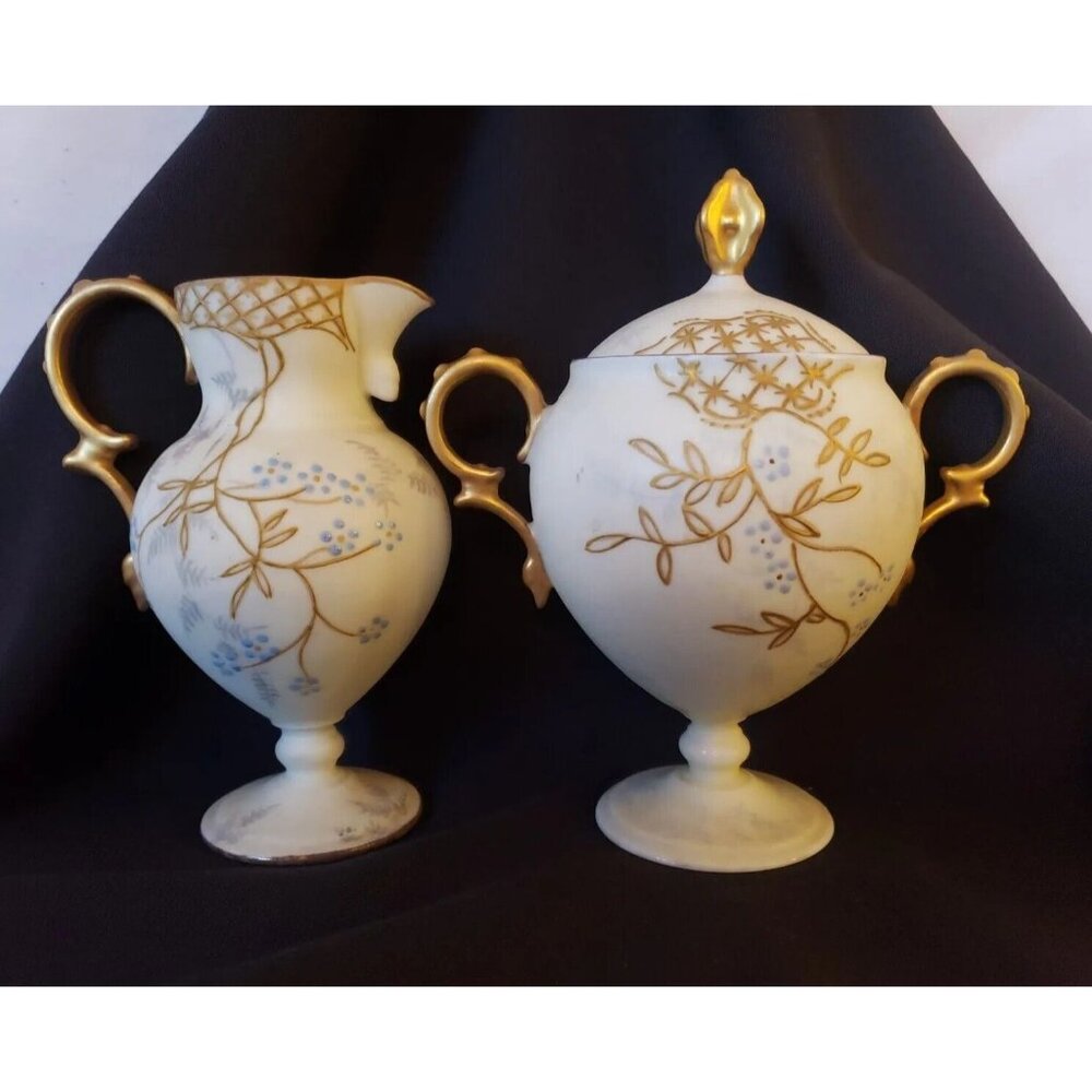 Limoges Elite France Sugar Bowl Pedestal Creamer Gold Floral SM Vtg 1896 Antique